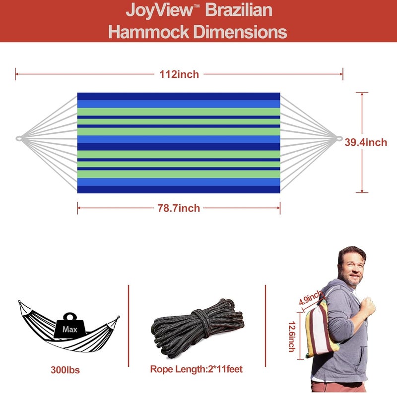 JoyView Brazilian Hammock for Single Person Portable Hammock with Hanging Ropes & Carry Bag Large 78.8x39.4” for Patio 300LBS Capacity Perfect for Outdoor/Indoor - Blue Stripes - Image 2